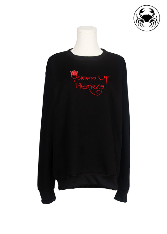 Front view of black sweatshirt with  “Queen of Hearts” embroidered design, Canadian apparel