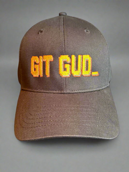 Front view of black baseball cap with yellow and orange GIT GUD_ embroidery, perfect gamer hat