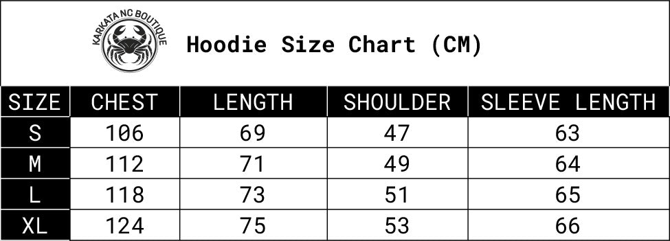size chart for the Hoodie