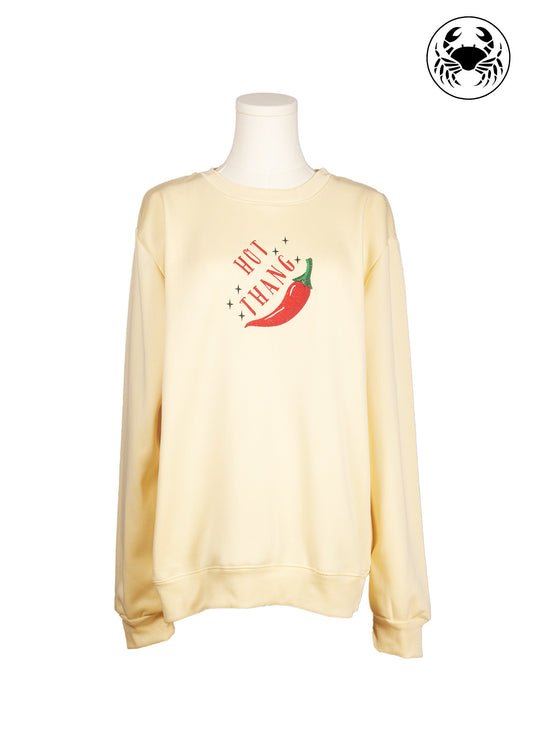 "HOT THANG" Embroidered Fleece Sweatshirt – Beige