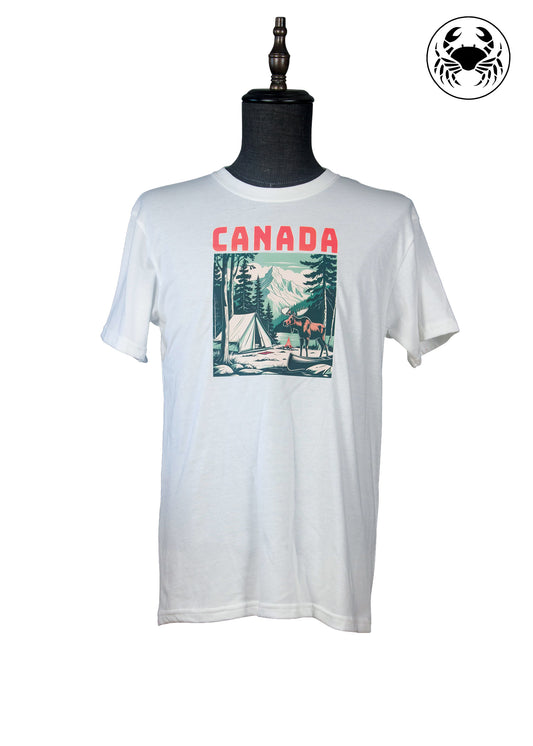 Front view of white t-shirt with Canada camping graphic, featuring tent, moose, forest, and mountains