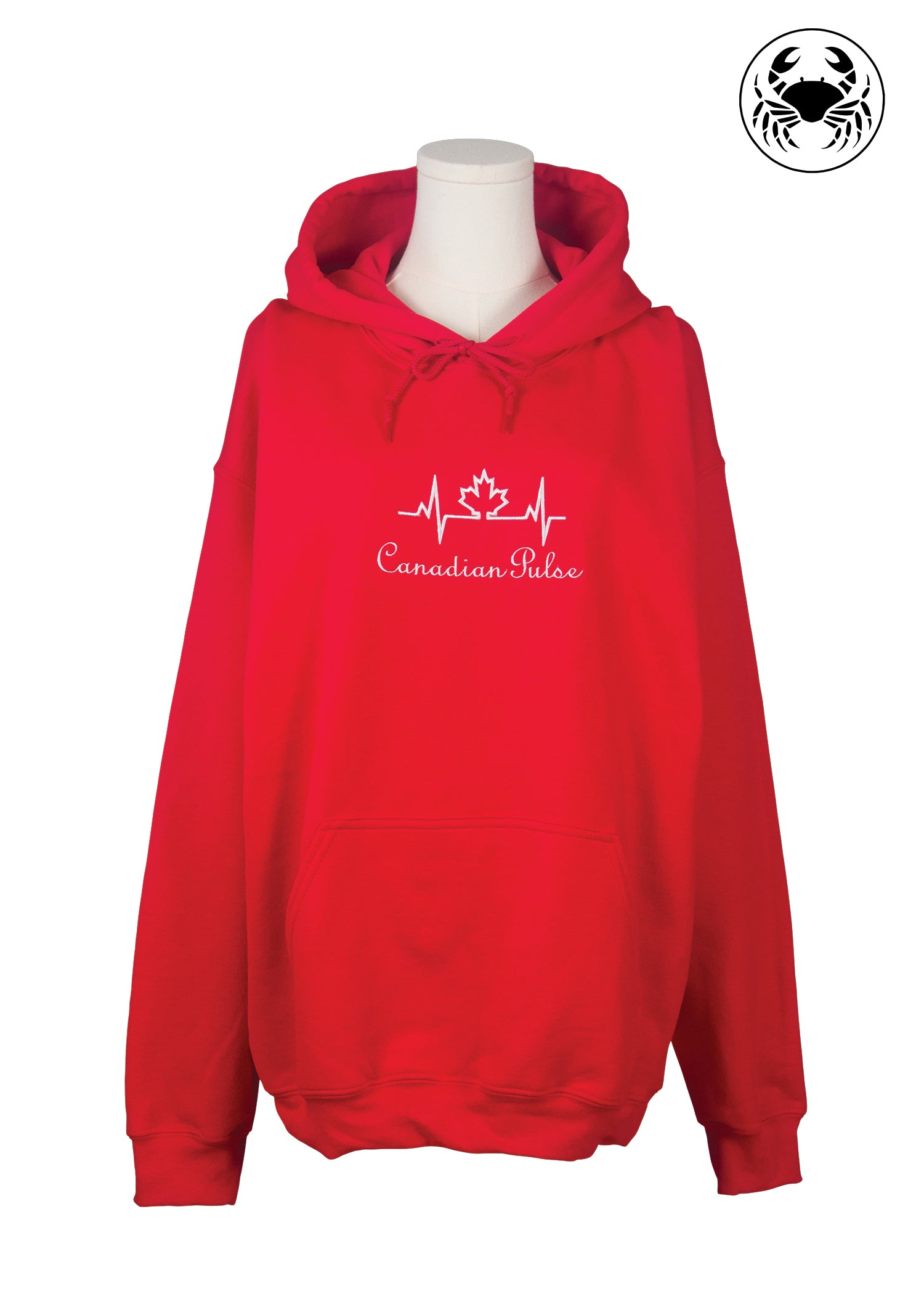 Red hoodie with "Canadian Pulse" text and maple leaf heartbeat line graphic, front view