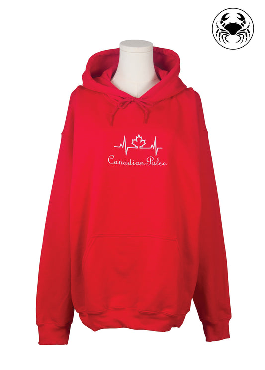 Red hoodie with white "Canadian Pulse" text and maple leaf heartbeat line graphic, front view