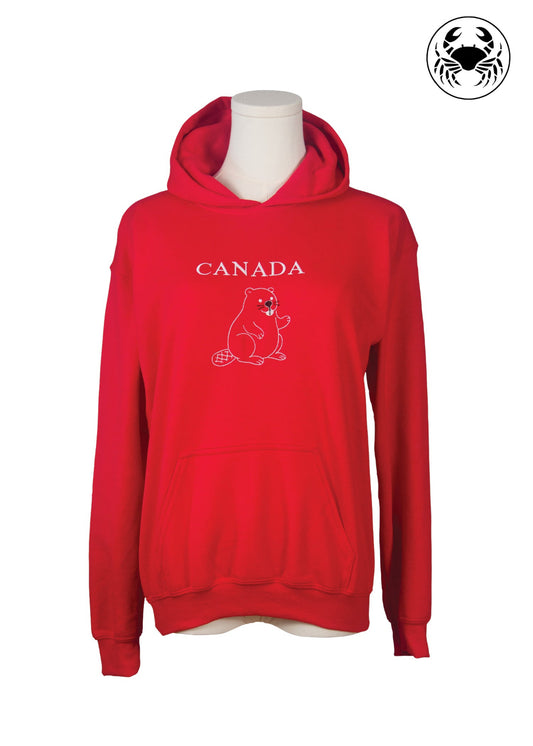 Front view of red hoodie with embroidered beaver and “CANADA” graphic, unisex fit
