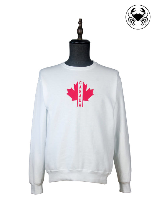 front view of White sweatshirt with red maple leaf and 'Canada' text