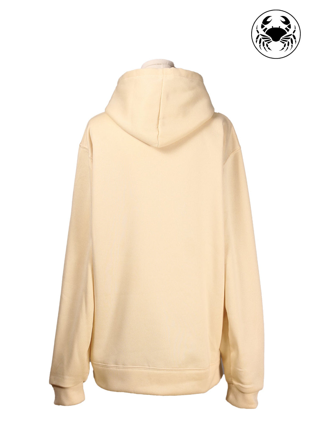 Back view of Unisex light beige hoodie with a front kangaroo pocket, drawstring hood, and an embroidered chest design featuring a black Cat Caught in a Moment with Butterfly