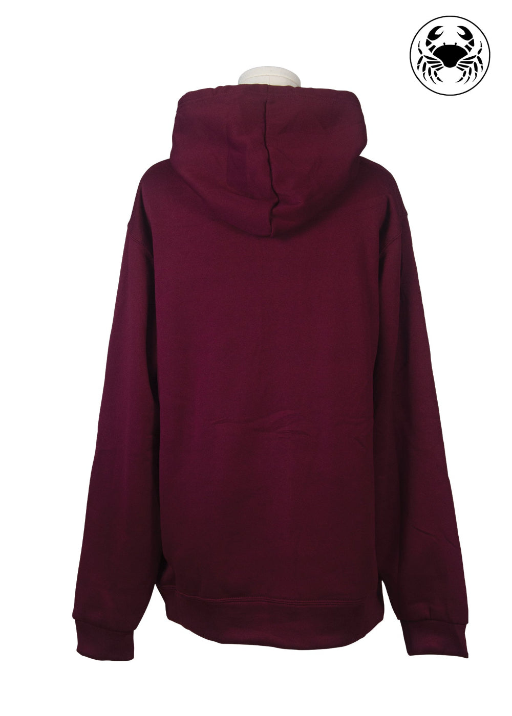 Back view of Unisex maroon fleece hoodie featuring a front kangaroo pocket, adjustable drawstring hood, and an embroidered chest design of a white  Cat Caught in a Moment with Butterfly