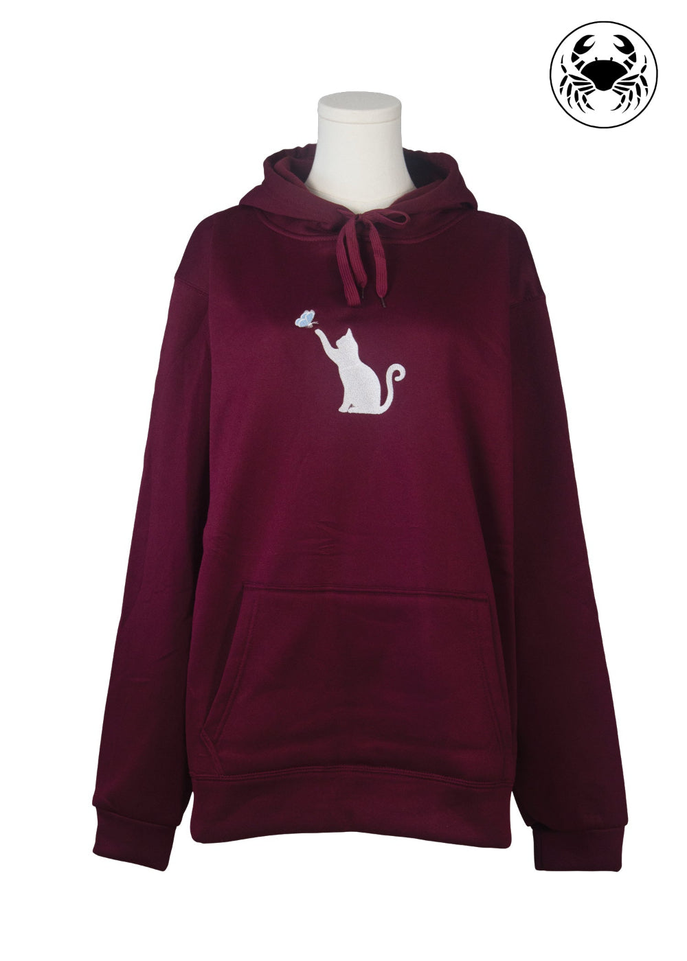 Unisex maroon fleece hoodie featuring a front kangaroo pocket, adjustable drawstring hood, and an embroidered chest design of a Cat Caught in a Moment with Butterfly