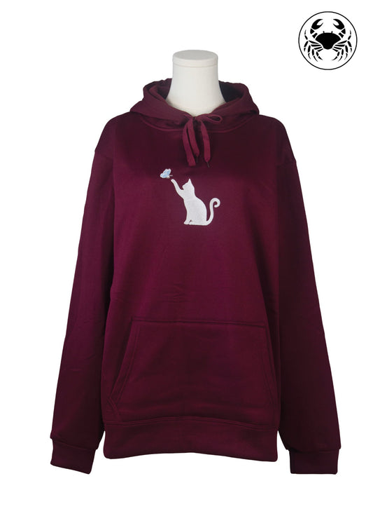 Unisex maroon fleece hoodie featuring a front kangaroo pocket, adjustable drawstring hood, and an embroidered chest design of a Cat Caught in a Moment with Butterfly