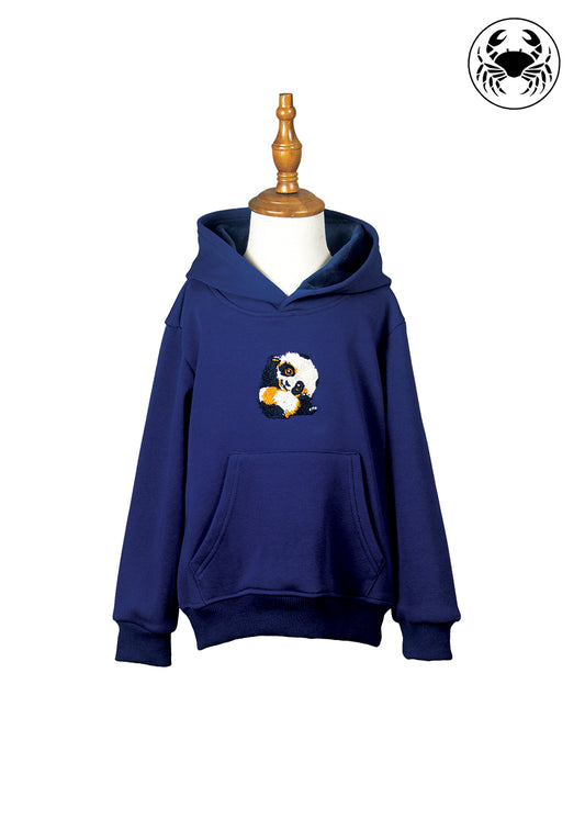 Navy blue hoodie with embroidered cute panda graphic on front, cozy unisex children's sweatshirt