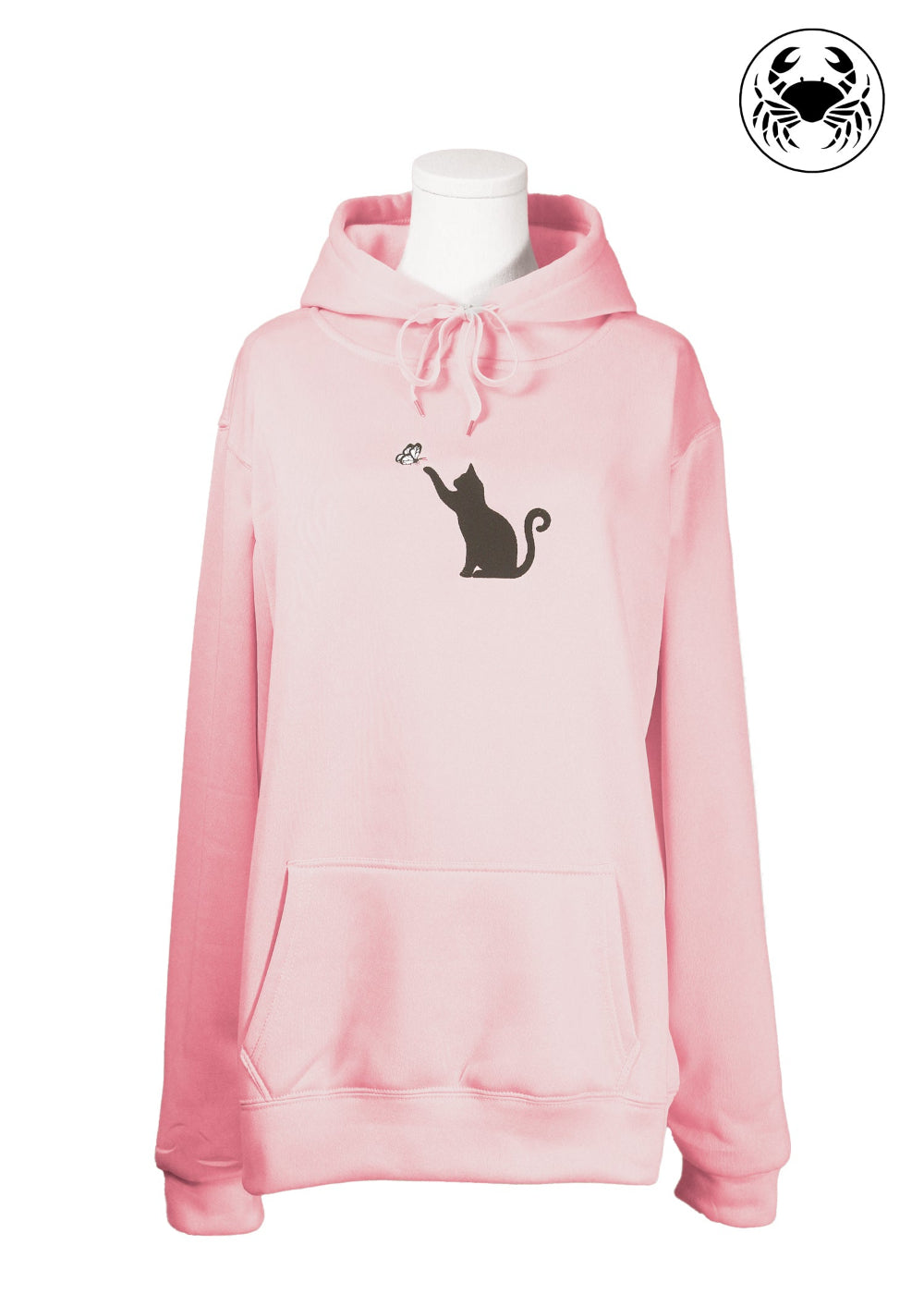 front view Unisex pastel pink fleece hoodie featuring a front kangaroo pocket, adjustable drawstring hood, and a black embroidered design of a Cat Caught in a Moment with Butterfly