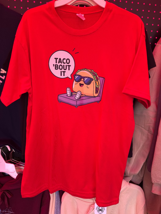 front view of taco 'bout It red printed t-shirt