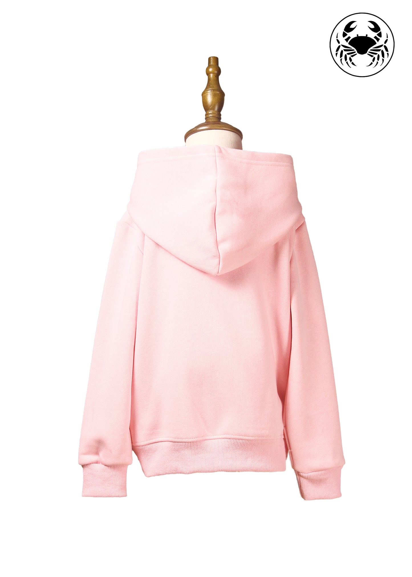 Back view of light pink hoodie for kids, cute kitty embroidered design on front, Canadian apparel