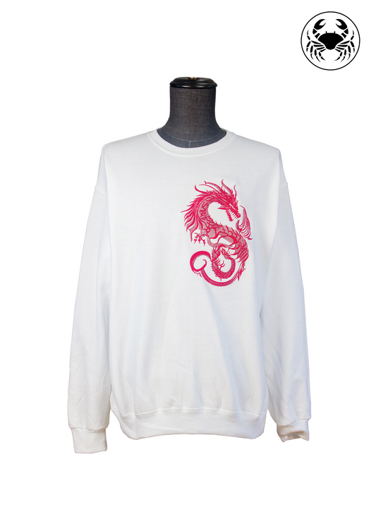 Front view of Karkata unisex white sweatshirt with red dragon embroidery