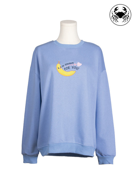 Front view of Pastel blue sweatshirt with embroidered cartoon banana and “I’m Bananas For You!” cute design, Canadian apparel