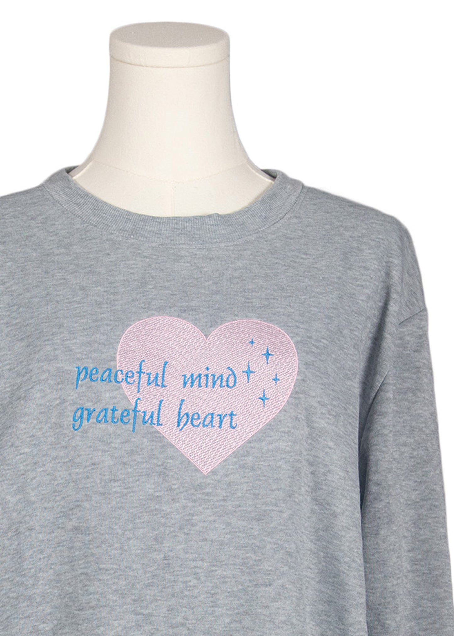 Peaceful Mind, Grateful Heart Embroidered Fleece Sweatshirt – Light Grey | Cozy Inspirational Apparel