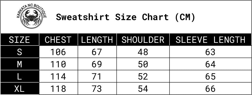 Sweatshirt size chart