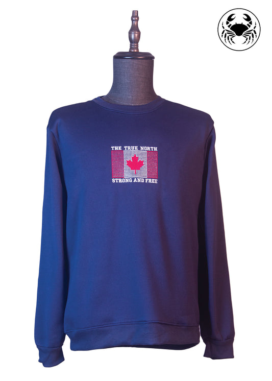 Front view of blue sweatshirt with "The True North Strong And Free" embroidered on it 
