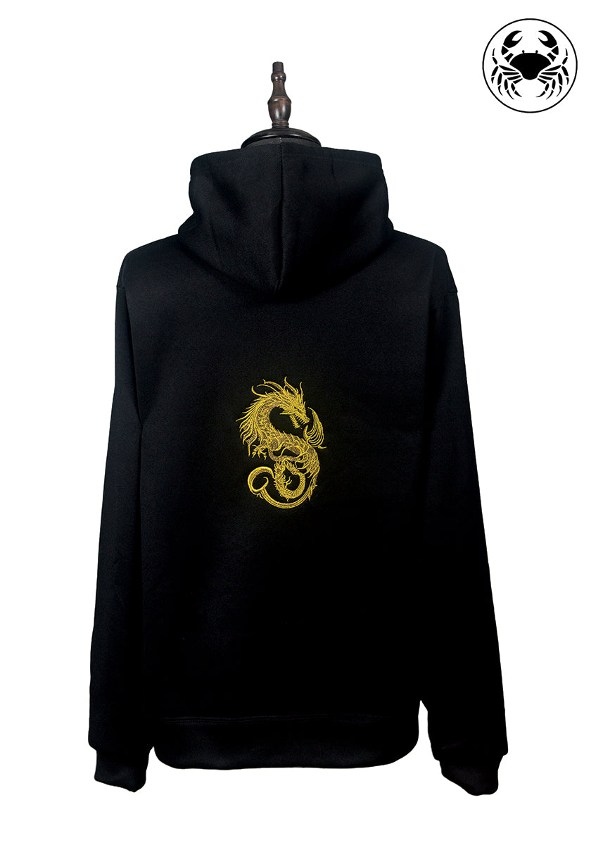 Back view of Black hoodie featuring intricate gold dragon embroidery on the back, unisex streetwear fashion
