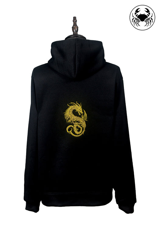Back view of Black hoodie featuring intricate gold dragon embroidery on the back, unisex streetwear fashion