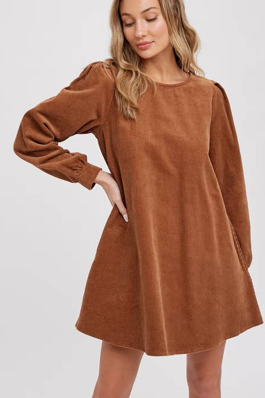 Brown-casual-corduroy-minidress-with-puffed-long-sleeves