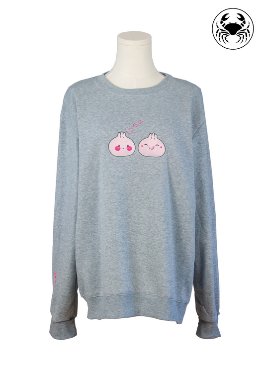 Front view of Kawaii Dumpling embroidered unisex grey sweatshirt with cute dumplings and pink heart embroidery