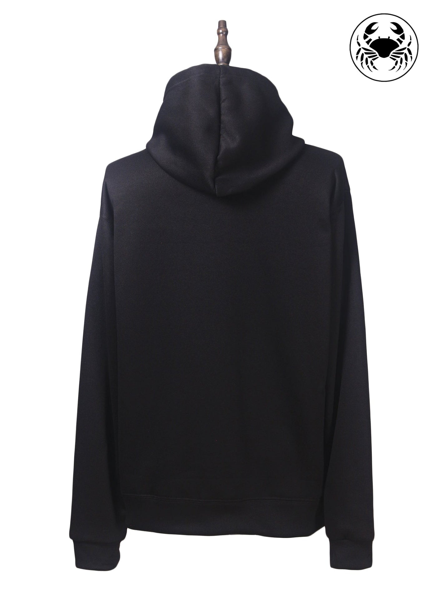 Back view of Unisex black fleece hoodie featuring a front kangaroo pocket, adjustable drawstring hood, and an embroidered  mountain and sun rising design 