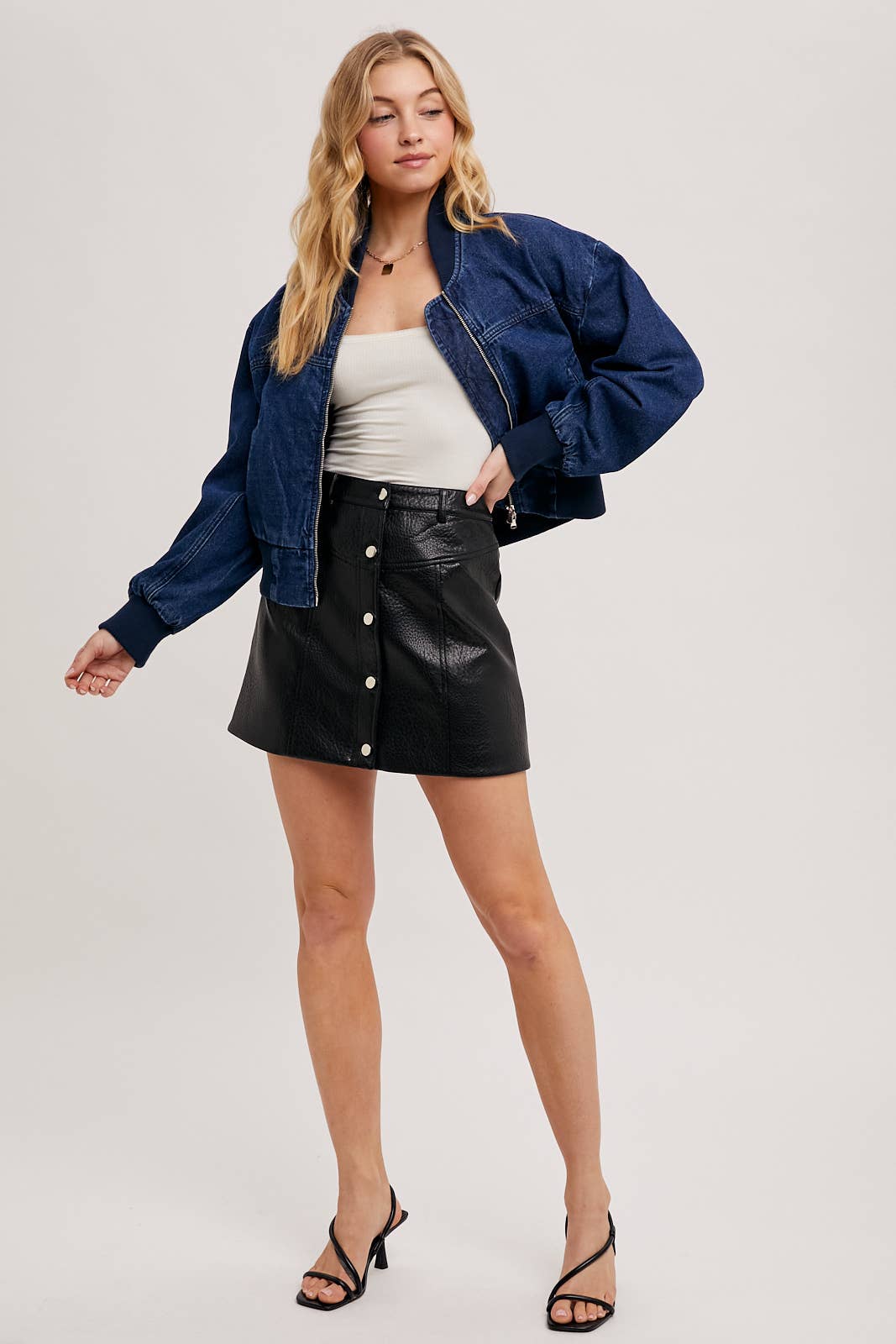  front view of Karkata NC Boutique denim blue bomber jacket with relaxed fit