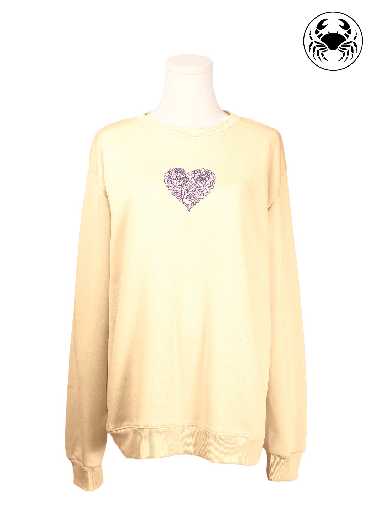 Beige unisex crewneck sweatshirt featuring a delicate embroidered heart design on the chest, long sleeves, ribbed cuffs and hem
