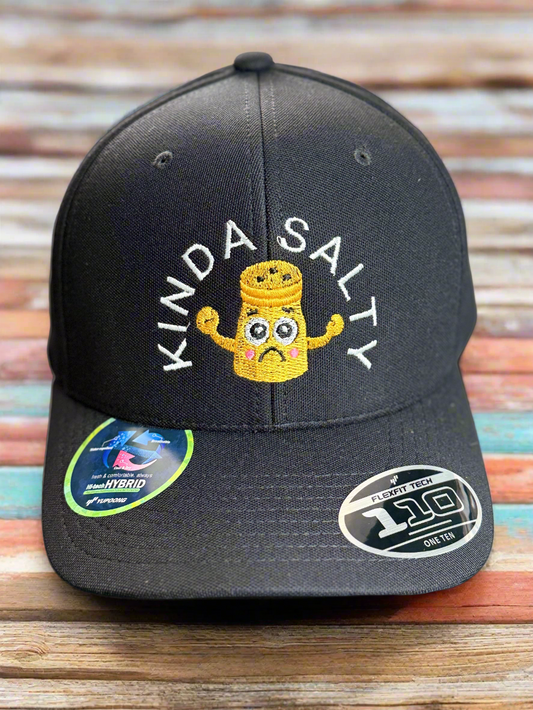 Front view of black cap with embroidered sad yellow salt shaker and white “KINDA SALTY” text