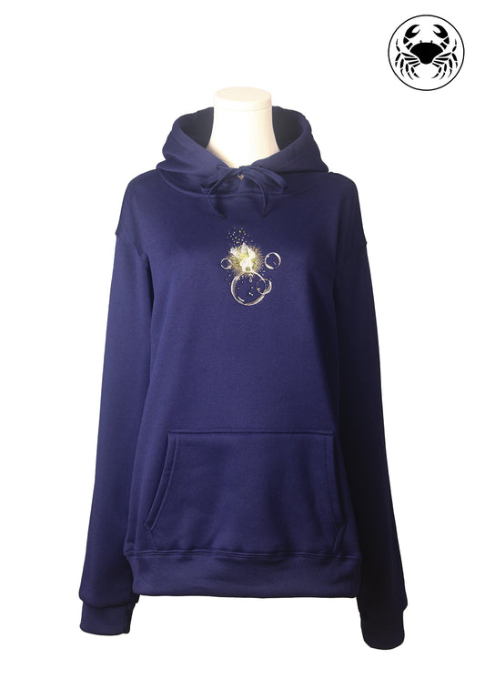 Front view of navy blue hoodie with embroidered fairy sitting on bubbles, Canadian apparel