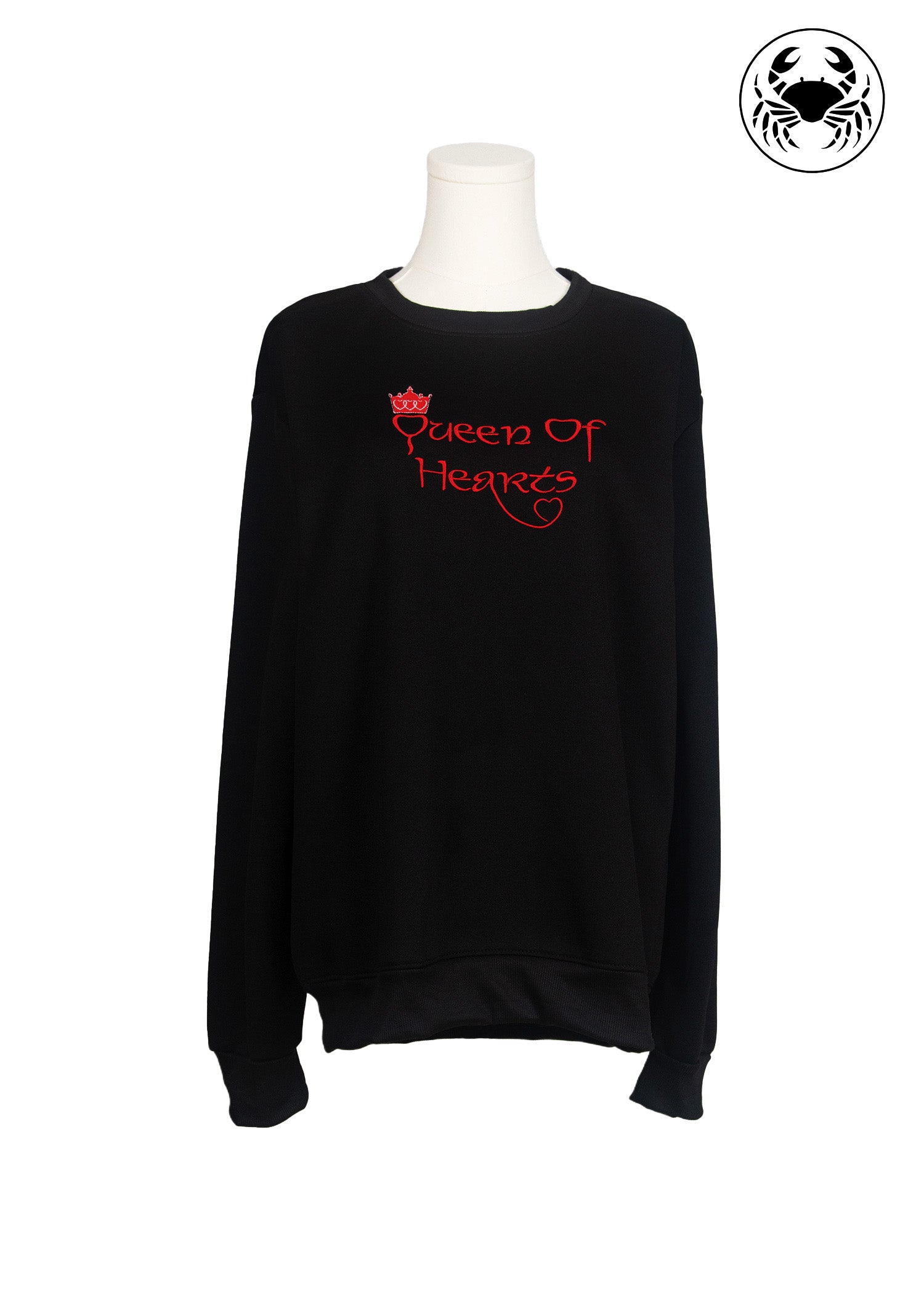 Front view of black sweatshirt with  “Queen of Hearts” embroidered design, Canadian apparel