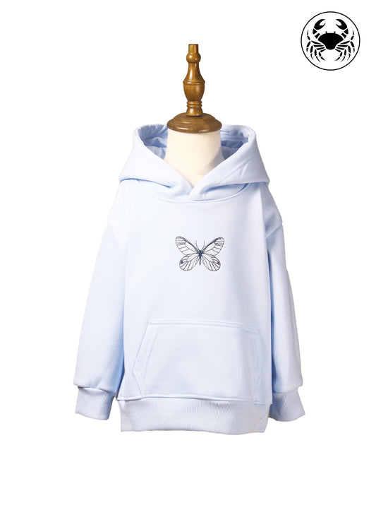 Front view of sky blue hoodie for kids with embroidered butterfly design, Canadian apparel